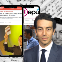Notas escritas a mano, Juan Sartori y celulares que muestran noticias.