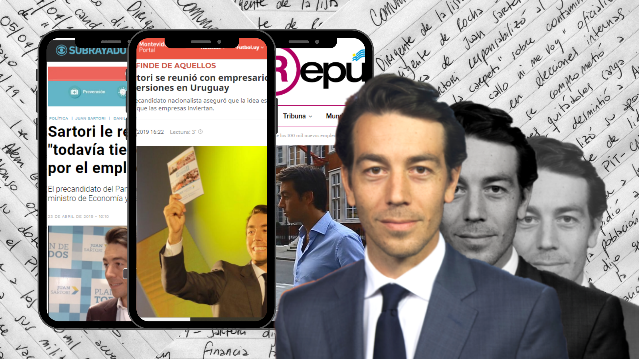 Notas escritas a mano, Juan Sartori y celulares que muestran noticias.